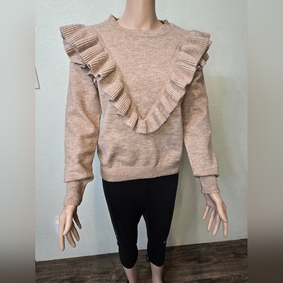 Entro By Anthropologie Ruffle Sueter Beige Round Neck Long Sleeve Size Small - Picture 1 of 8